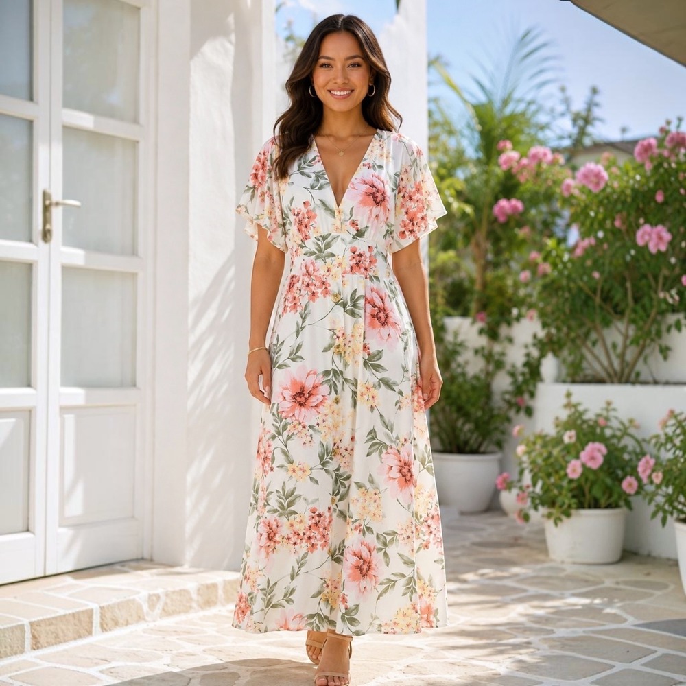June & Hudson Floral Maxi Dress M Button Front Flutter Sleeve Cottagecore NWT